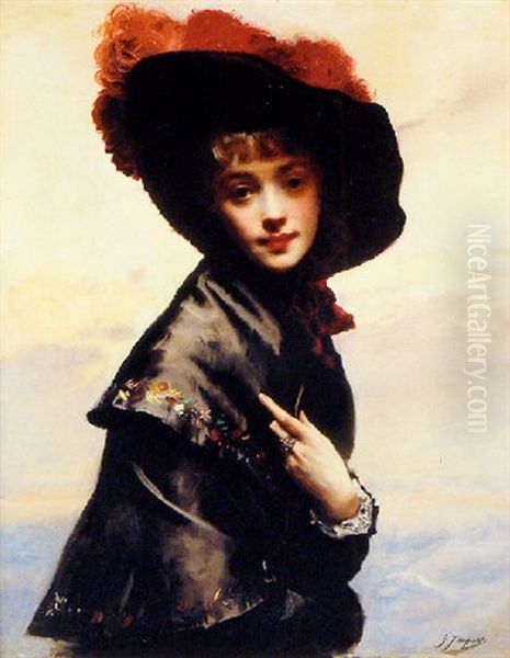 Portrait Of A Young Woman With Black Hat And Red Feathers Oil Painting by Gustave Jean Jacquet