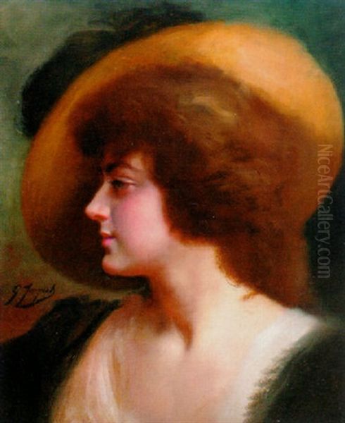 Portrait Of A Lady Wearing A Straw Hat Oil Painting by Gustave Jean Jacquet