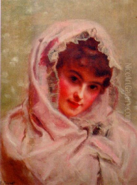 Portrait Of A Young Beauty In A Pink Shawl Oil Painting by Gustave Jean Jacquet