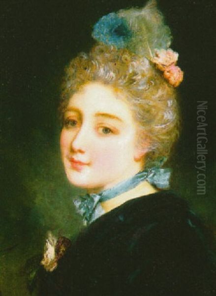 Portrait Of A Beauty With Blue Ribbon At Her Neck Oil Painting by Gustave Jean Jacquet