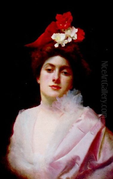 La Chapeau Rouge Aux Fleurs Oil Painting by Gustave Jean Jacquet