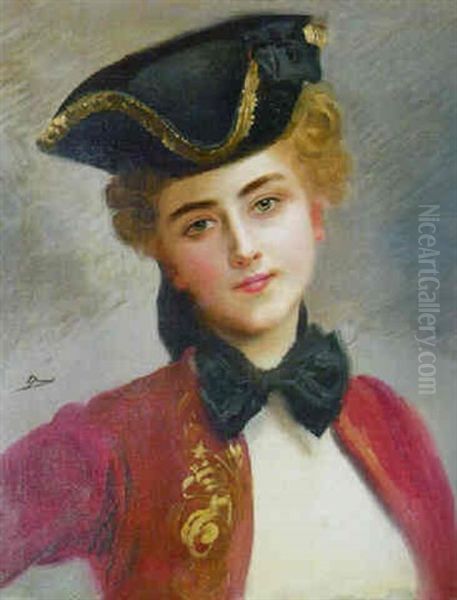 A Young Beauty In A Tricorn Hat Oil Painting by Gustave Jean Jacquet