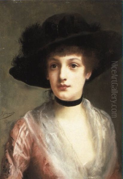 Portrait Of A Woman In A Black Hat by Gustave Jean Jacquet