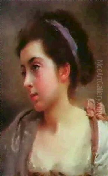 A Portrait Of A Young Girl With A Blue Ribbon Oil Painting by Gustave Jean Jacquet