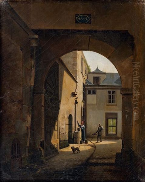 Scene De Rue : Conversation Entre Un Voyageur Et Une Femme Puisant De L'eau (+ Scene De Rue : Le Garde-champetre Remettant Un Pli; Pair) Oil Painting by Francois Xavier Joseph Jacquin