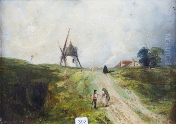 Paysage Au Moulin Anime D'un Couple De Paysans Oil Painting by Louis-Godefroy Jadin