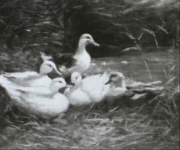 Entenfamilie Am Seeufer Oil Painting by Hugo Jaeckel