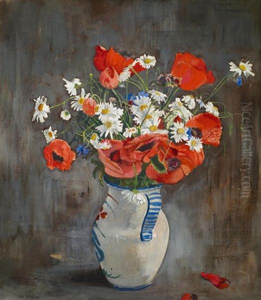 Feldblumenstraus Mit Mohn In Weis-blauem Krug Oil Painting by Willi Jaeckel