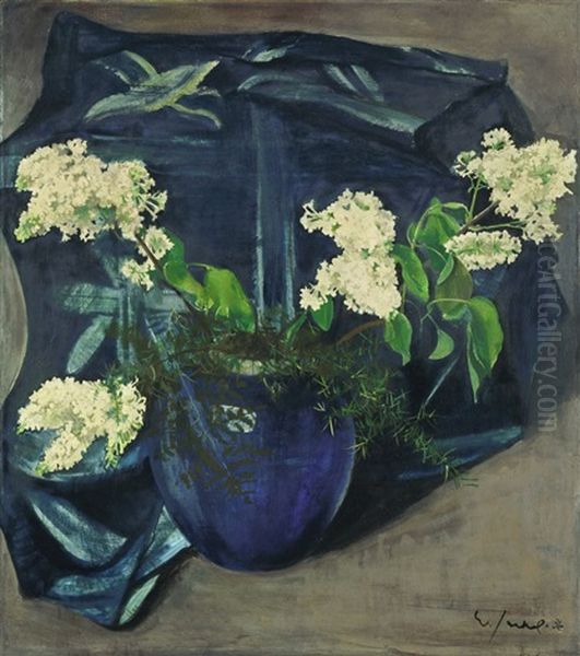 Stilleben Mit Weissem Flieder In Blauer Kugelvase Oil Painting by Willi Jaeckel