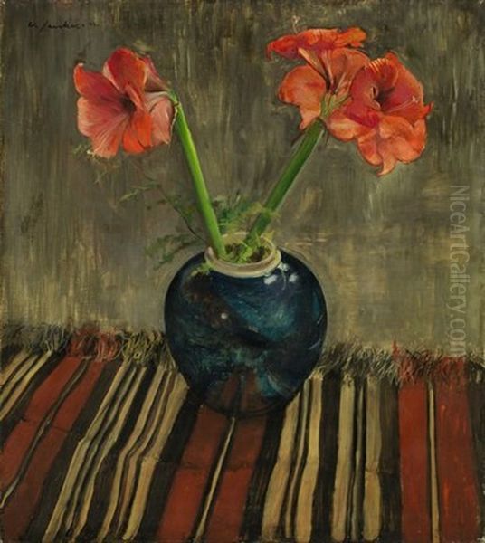 Amaryllis In Blauer Vase Oil Painting by Willi Jaeckel