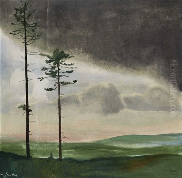 Zwei Baume In Weiter Hugellandschaft Oil Painting by Willi Jaeckel