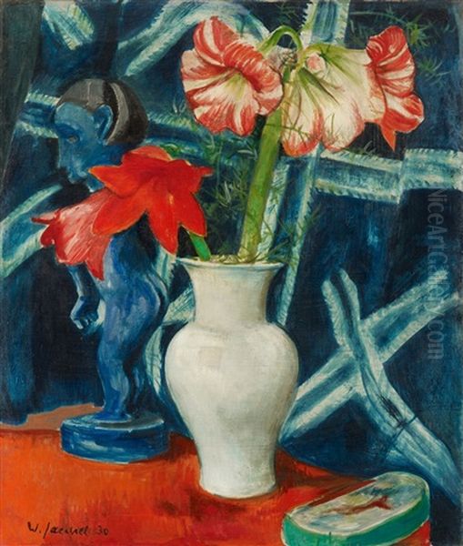 Amaryllis Stilleben Mit Blauem Gotze Oil Painting by Willi Jaeckel