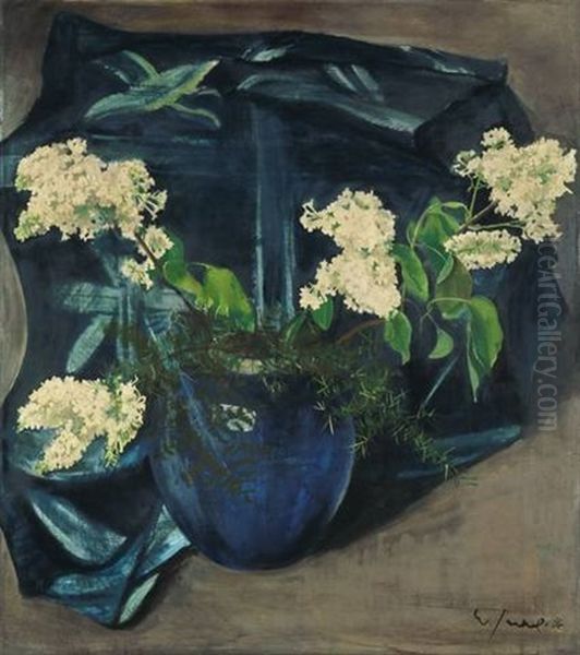 Stilleben Mit Weissem Flieder In Blauer Kugelvase Oil Painting by Willi Jaeckel