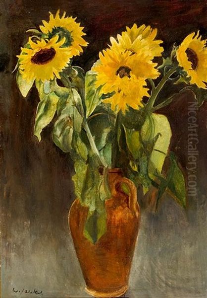 Sonnenblumen In Braunem Tonkrug by Willi Jaeckel