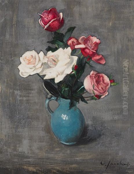 Rosen In Blauem Tonkrug Oil Painting by Willi Jaeckel