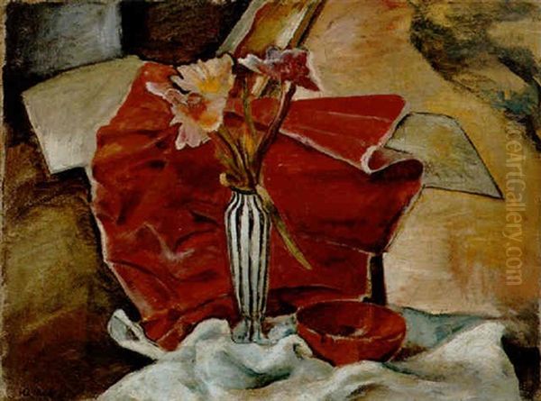 Stilleben Mit Blumenvase Vor Rotem Tuch Oil Painting by Willi Jaeckel