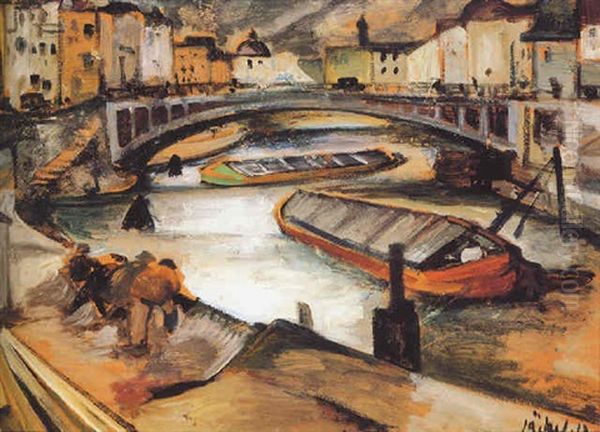 Frachtkahne Auf Der Spree Oil Painting by Willi Jaeckel