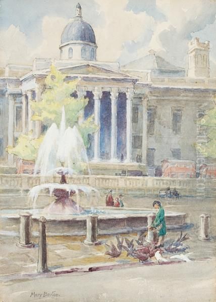 Girl Feeding Pigeons By A London Fountain Oil Painting by Mary Georgina Barton