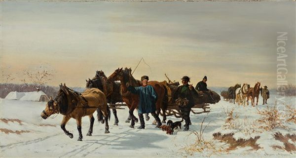 Bauern Mit Pferdeschlitten Beim Holztransport In Winterlicher Landschaft Oil Painting by Friedrich Jaeger