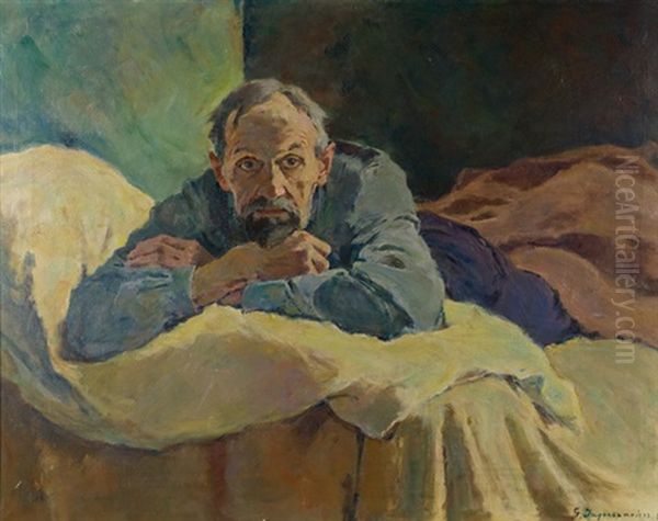 Auf Dem Bett Liegender Mann, Das Kinn Auf Die Hand Gestutzt (study) Oil Painting by Gustav Jagerspacher