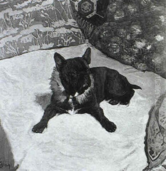 Portrait Of A Dog Seated On A Cushion by Gustav Jagerspacher