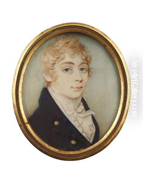 A Young Gentleman, Wearing Blue Coat, White Waistcoat, Frilled Chemise, Stock And Tied Cravat Oil Painting by Charles Jagger