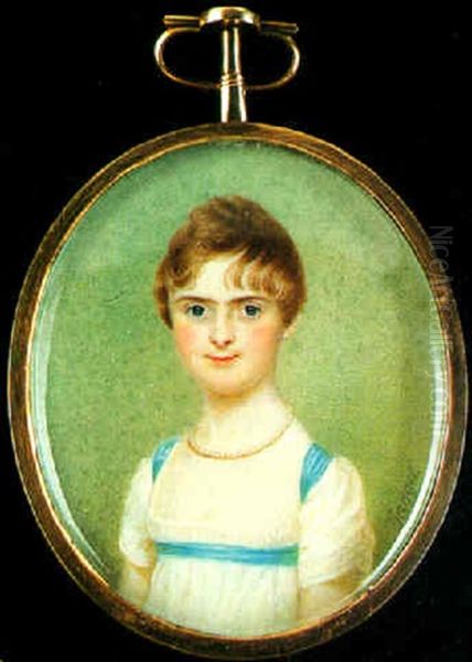 A Young Child Wearing White Dress With Blue Ribbon Decoration And String Of Pearls Oil Painting by Charles Jagger