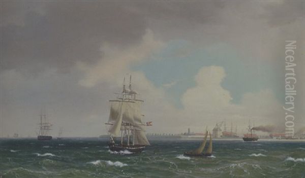 Skibe Ud For Kobenhavns Havn, Med Christian Iv's Mastekran Oil Painting by Hans Emil Jahn