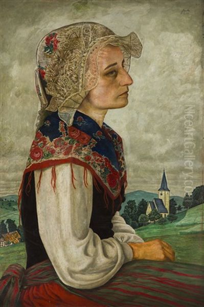 Portrait Of A Woman In An Ethnic Garment (artist's Self-portrait) Oil Painting by Margarethe Jahnke