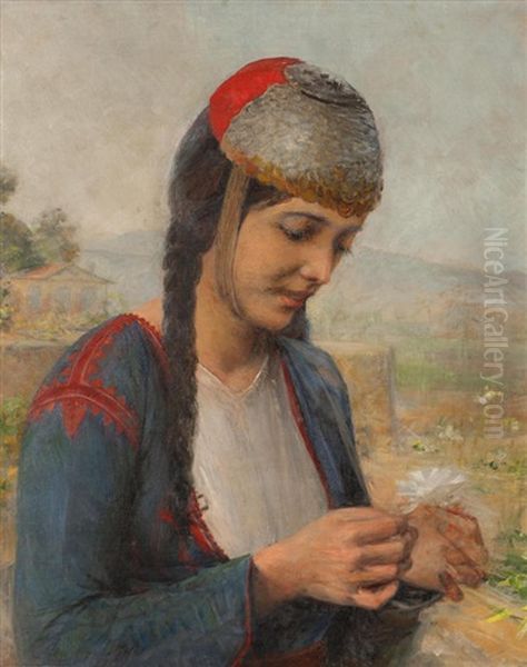 Girl With Daisy Oil Painting by Georgios Jakobides