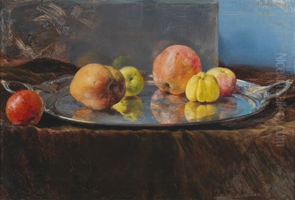 Apples And Quinces On A Silver Tray Oil Painting by Georgios Jakobides