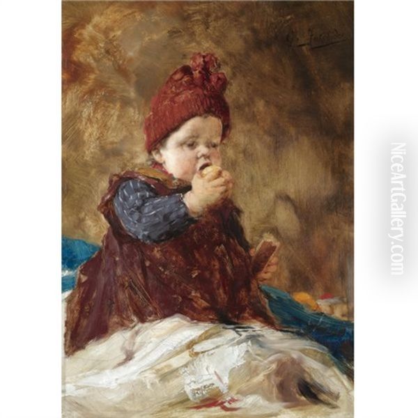 Child Eating An Apple Oil Painting by Georgios Jakobides