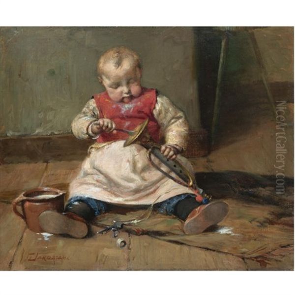 Child With A Trumpet Oil Painting by Georgios Jakobides