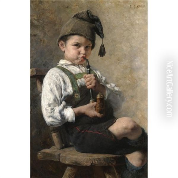 Grandpa's New Pipe Oil Painting by Georgios Jakobides