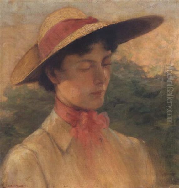 Young Girl With A Hat Oil Painting by Georgios Jakobides