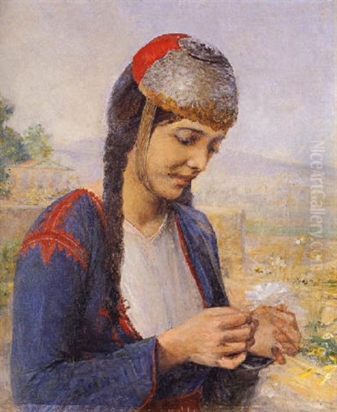 Girl With Daisy Oil Painting by Georgios Jakobides