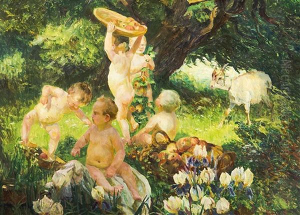 Putti In The Garden Oil Painting by Frantisek Jakub