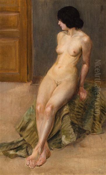 Sitting Nude Girl Oil Painting by Frantisek Jakub