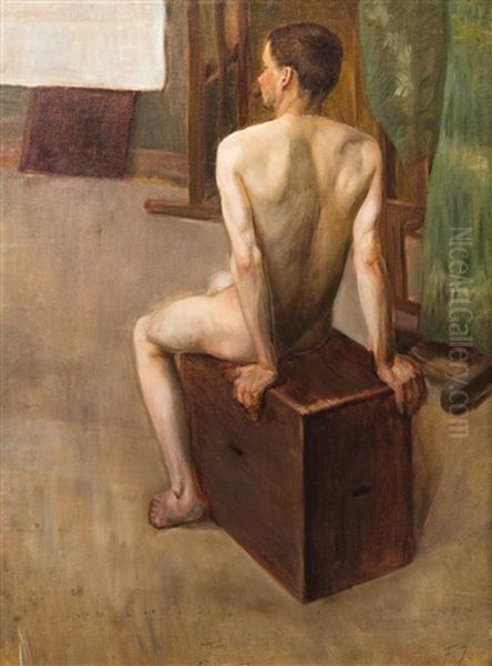 Male Nude In Studio Oil Painting by Frantisek Jakub