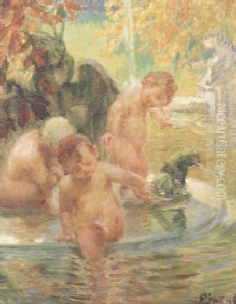 Putti In A Fountain Oil Painting by Frantisek Jakub