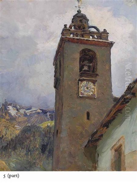 Le Clocher De L'eglise De Champery (illustrated) (+ Meudon; 2 Works) Oil Painting by Maria Vasilevna Jakunchikova