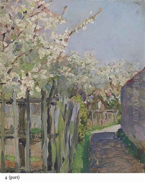 Trees In Blossom; Garden; A Pier (3 Works) Oil Painting by Maria Vasilevna Jakunchikova