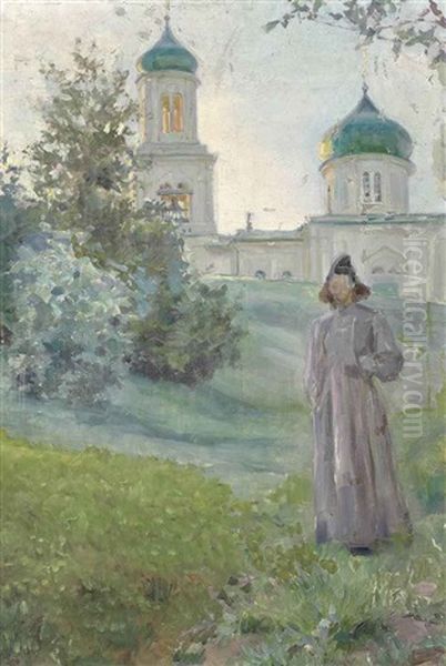 Monk By The Savvino-storozhevskii Monastery In Zvenigorod Oil Painting by Maria Vasilevna Jakunchikova