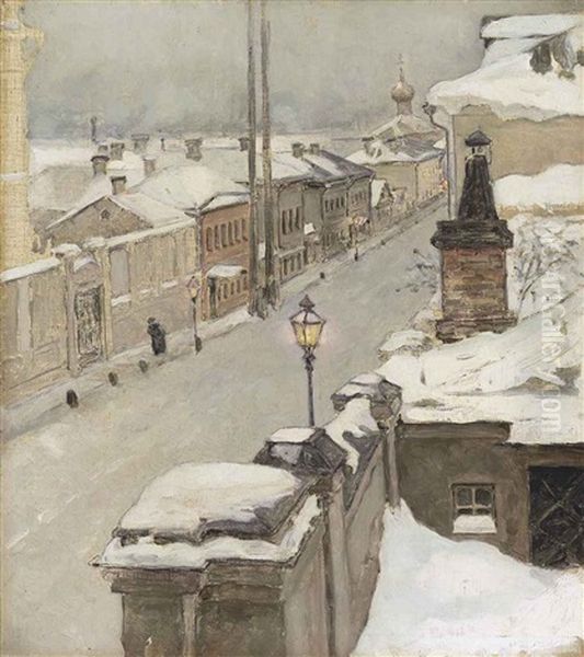 Moscow In Winter. View From The Window Onto Srednaia Kislovka Oil Painting by Maria Vasilevna Jakunchikova