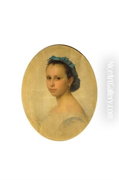 Portrait De Jeune Fille Au Noeud Bleu Dans Les Cheveux Oil Painting by Charles Francois Jalabert