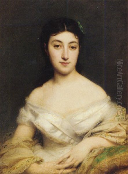 Portrait Of A Young Lady In A White Dress, Seated, Clad In An Embroidered Chiffon Shawl Oil Painting by Jean Jalabert