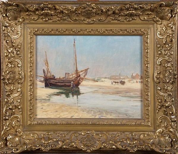 Bateau A Maree Basse (date 1900) Oil Painting by Armand Gustave Gerard Jamar