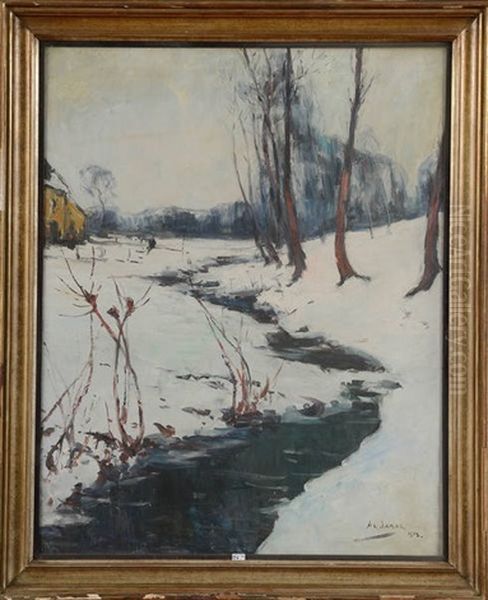 Paysage Au Ruisseau Sous La Neige Oil Painting by Armand Gustave Gerard Jamar