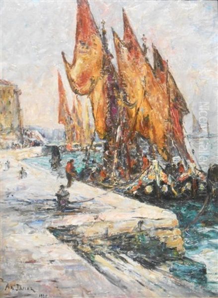 Barques De Peche Au Quai Des Esclavons A Venise Oil Painting by Armand Gustave Gerard Jamar