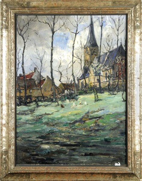 Poules Devant L'eglise Oil Painting by Armand Gustave Gerard Jamar